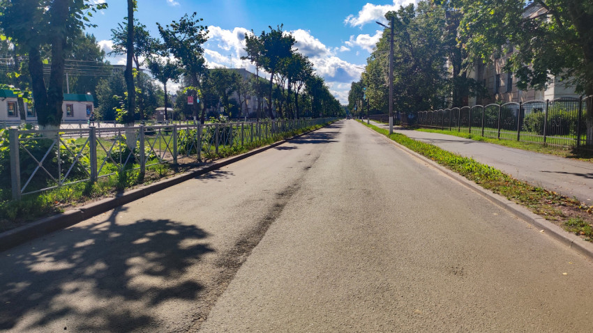 Длинная улица с деревьями, заборами и пустой проезжей частью в перспективе