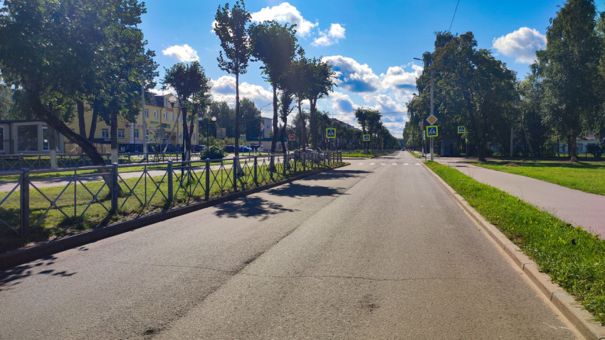 Пешеходный переход «зебра» и дорожные знаки на прямой улице с тротуаром и зелёными насаждениями
