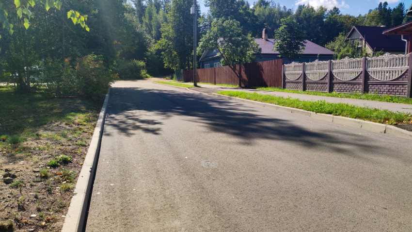 Пустая асфальтовая улица у частных домов с тротуаром, газоном и декоративным забором