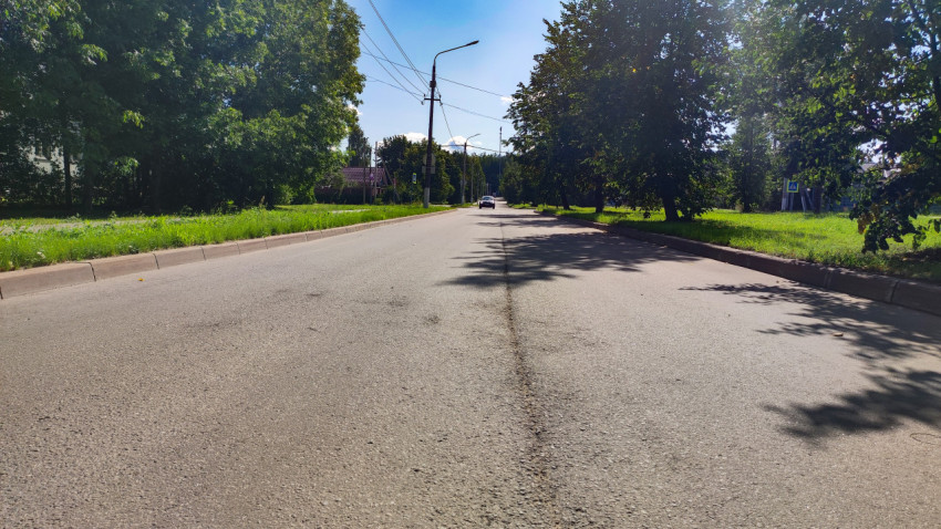 Пустая дорога с бордюрами, деревьями и знаком пешеходного перехода