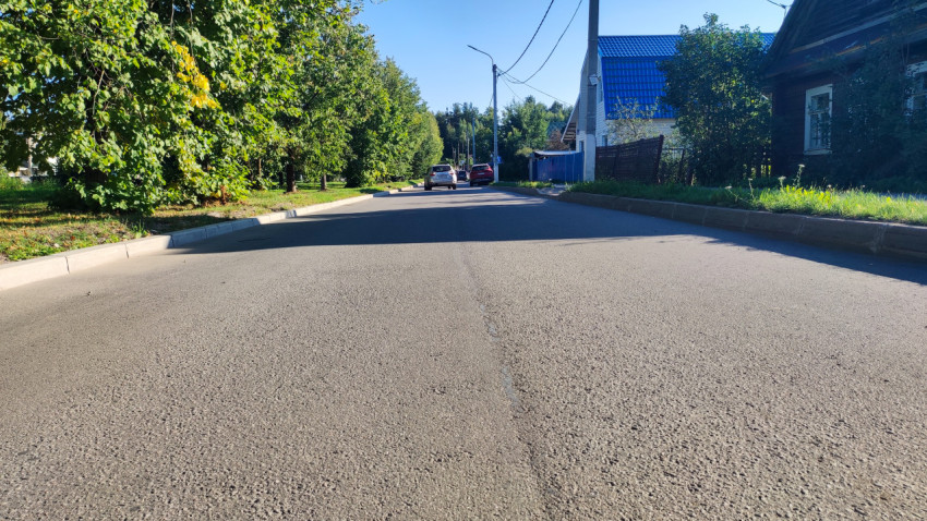 Низкий ракурс асфальтовой дороги на жилой улице с деревьями и домами