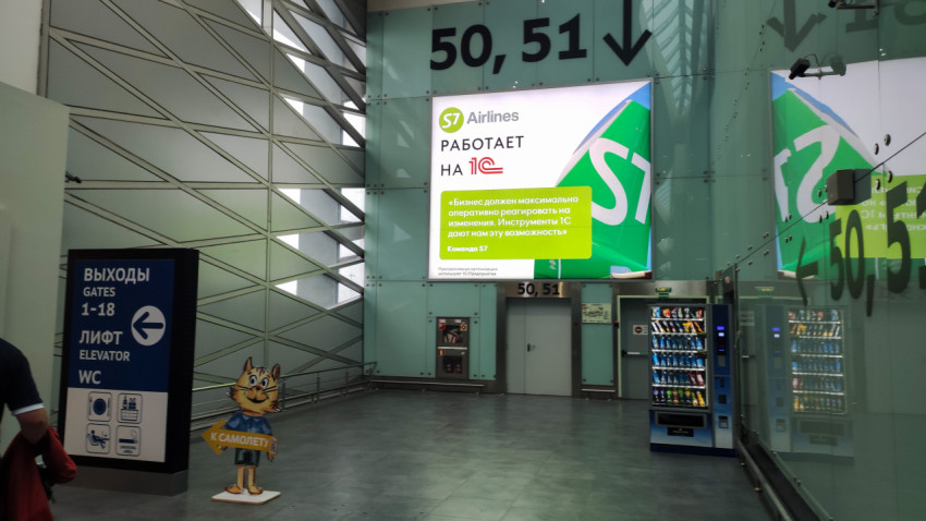 Номера выходов 50–51 и рекламный экран S7 Airlines