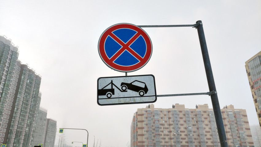 Дорожные знаки «Остановка запрещена» и «Работает эвакуатор» на фоне зимнего неба