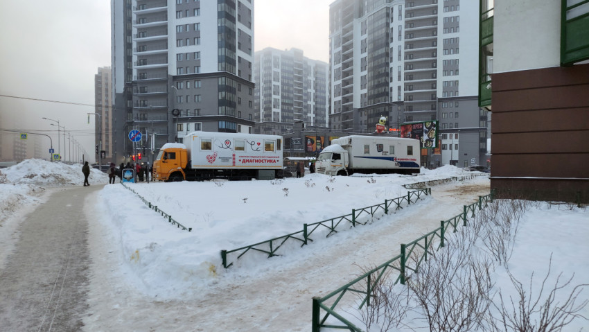 Два грузовика передвижной амбулатории, припаркованные в снегу