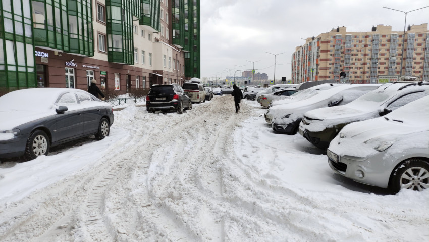 Машины, покрытые снегом, на улице города
