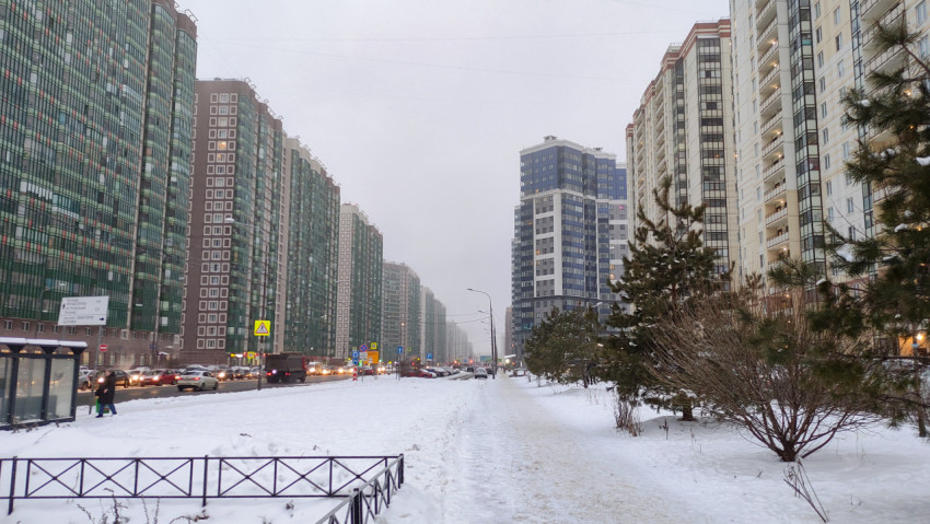 Панорама городской улицы зимой с деревьями, жилыми домами и фонарями