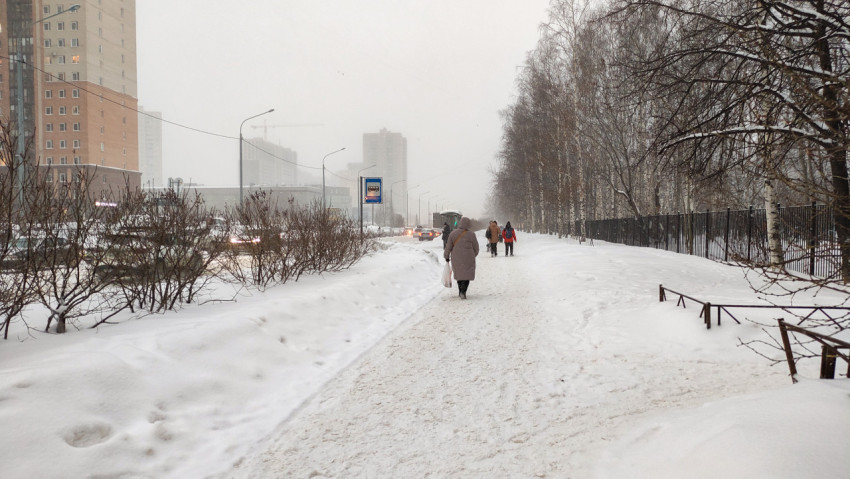 Городская улица и пешеходная зона во время снегопада