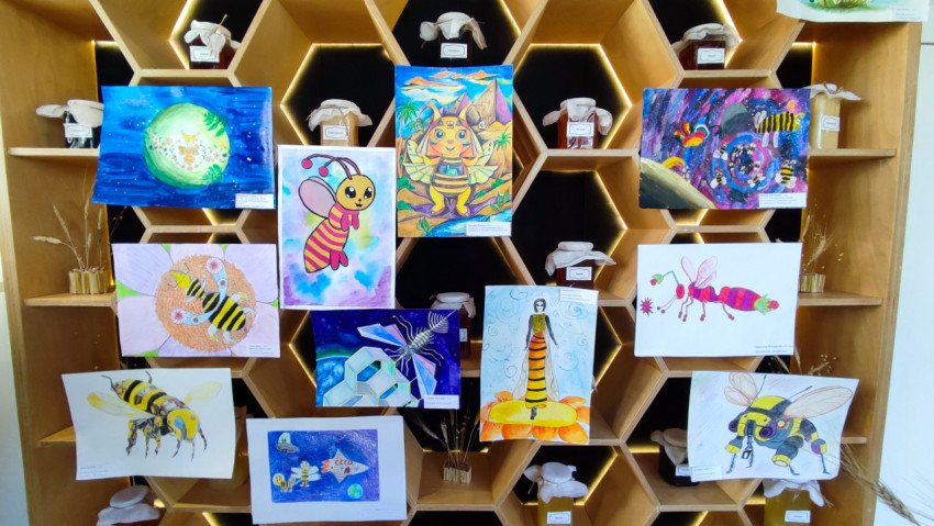 Детские рисунки с пчёлами в выставочной инсталляции