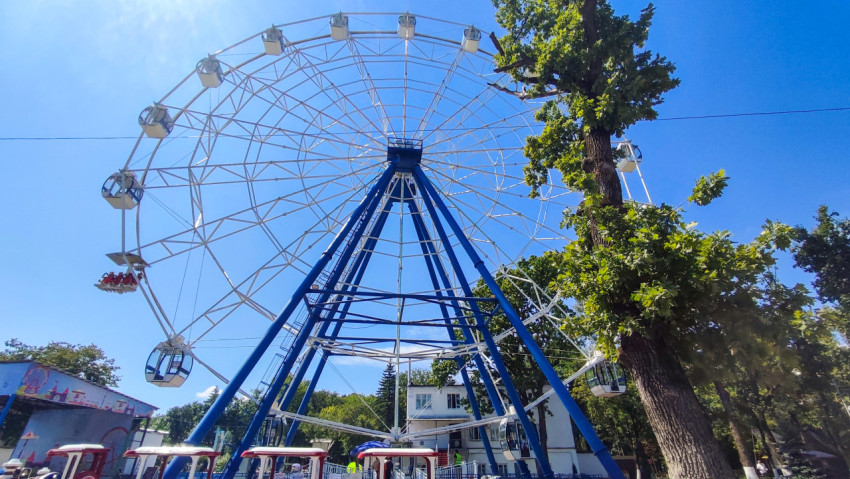 Колесо обозрения на фоне деревьев и голубого неба