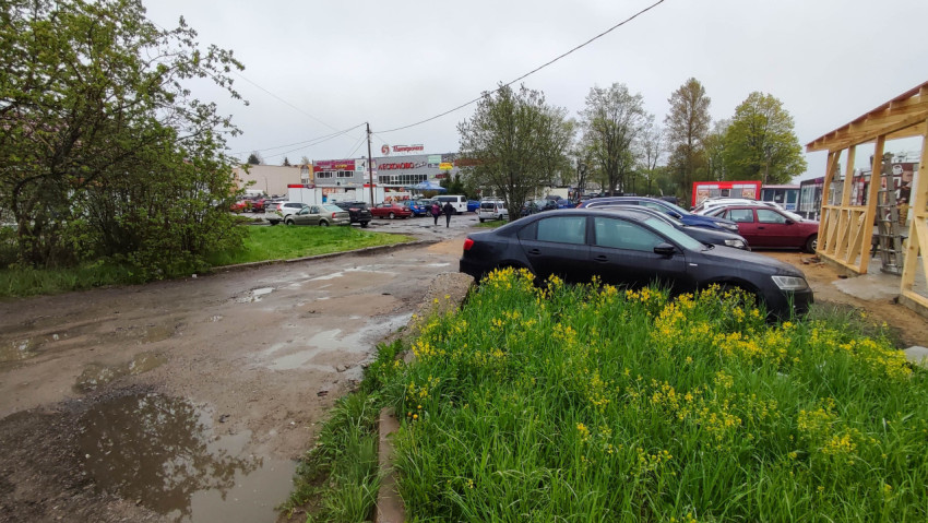 Автомобильная парковка с зелеными насаждениями в дождливый день