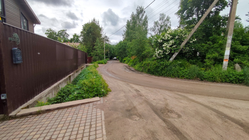 Тихая деревенская улица в зелени под облачным небом