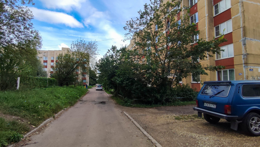 Дворовая дорога между многоквартирными домами с зелеными насаждениями и автомобилем