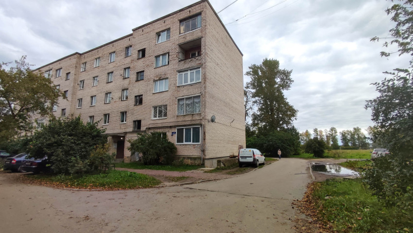 Кирпичный многоквартирный дом на фоне зелёной зоны