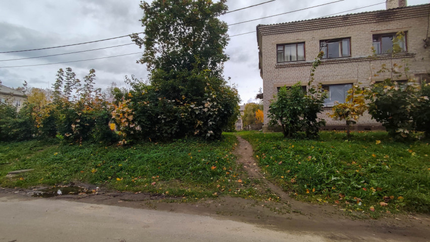 Жилой двор с тропинкой, кустарниками и кирпичным домом