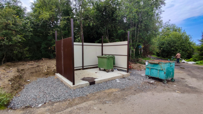 Контейнерная площадка с зелёным и синим мусорными баками