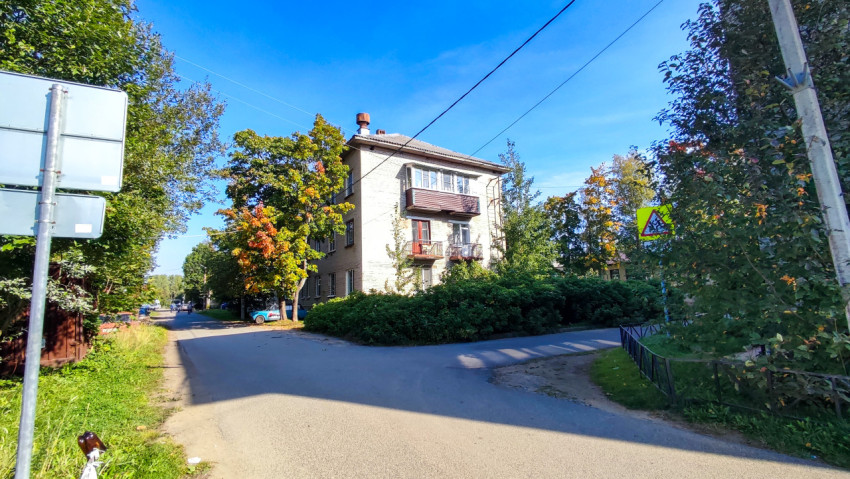 Перекрёсток у жилого дома с пешеходным переходом и зелёными насаждениями