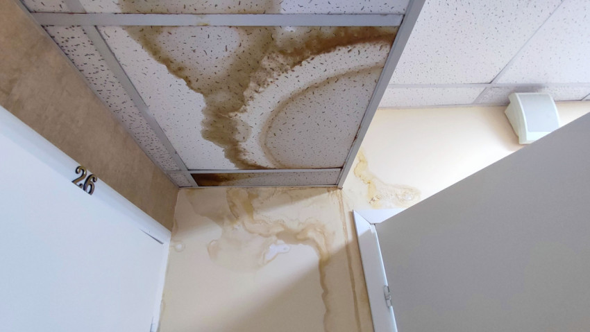 Потолок с сильными следами влаги и поврежденными панелями