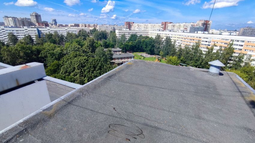 Вид с крыши жилого дома на зелёный двор и панельные дома