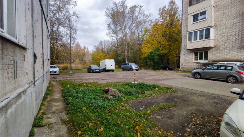 Парковка у жилого дома с осенними деревьями на заднем плане
