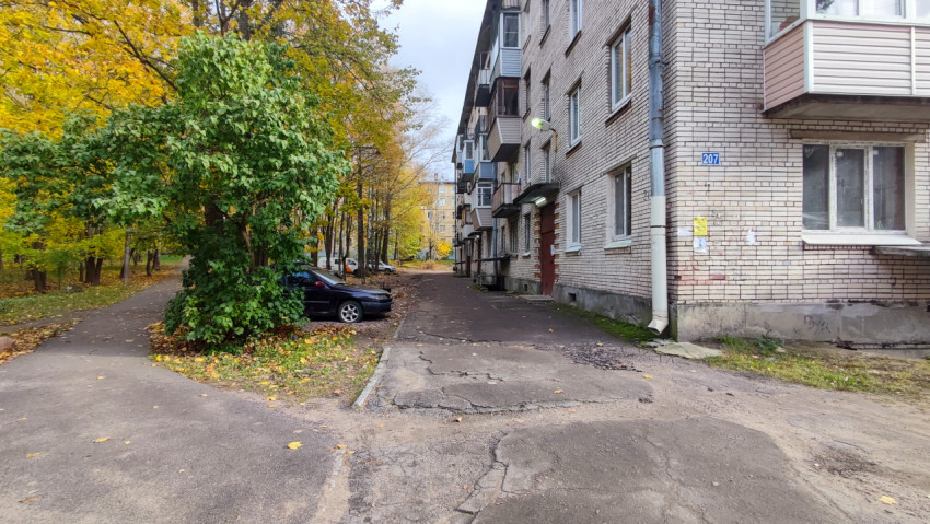 Двор жилого дома с асфальтовыми трещинами и осенними деревьями