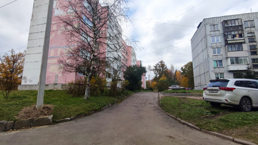 Панельные жилые дома и дворовая дорога осенью