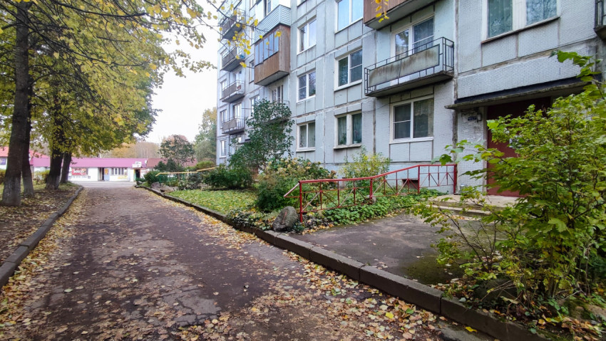Подъезд панельного дома и аллея с деревьями