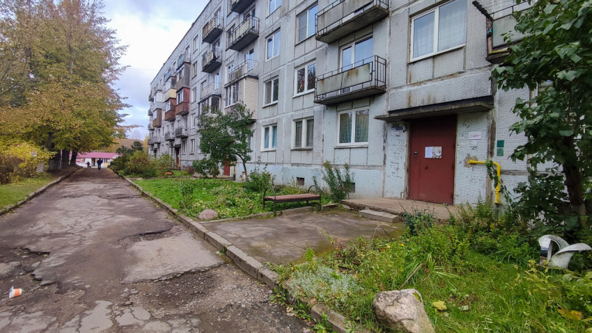 Подъезд панельного дома и придомовой участок с зеленью