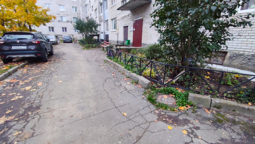 Асфальтированный двор жилого дома с клумбой и кустарниками