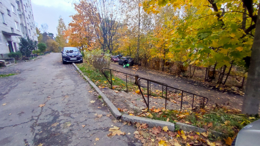 Лестница с перилами и деревьями во дворе жилого дома