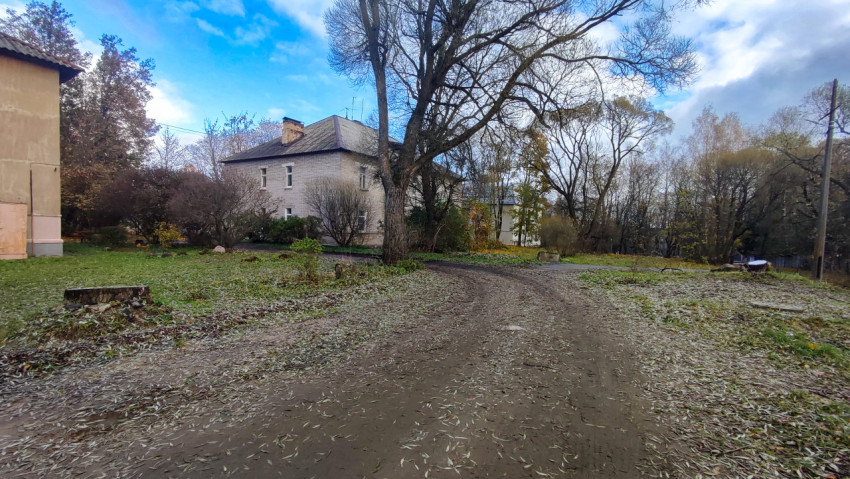Грунтовая дорога между жилыми домами и деревьями