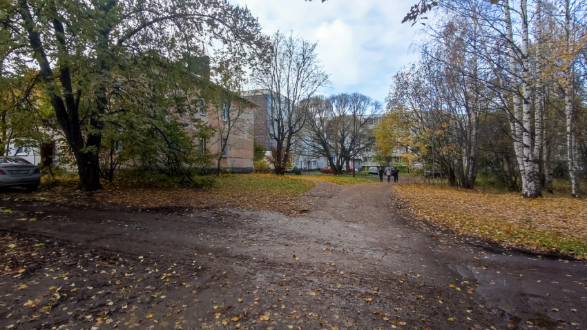 Пешеходный проход между жилыми домами и зелёной зоной