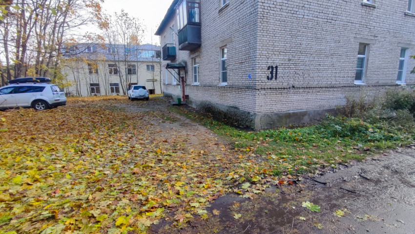 Подъездная зона жилого дома с грунтовым въездом и осенней листвой