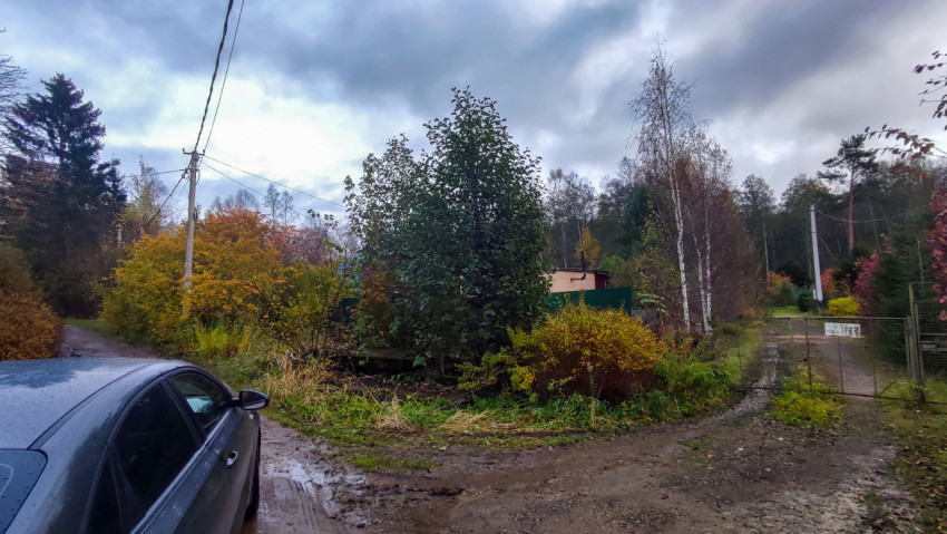 Грунтовая дорога с автомобилем и осенними деревьями у дачного поселка