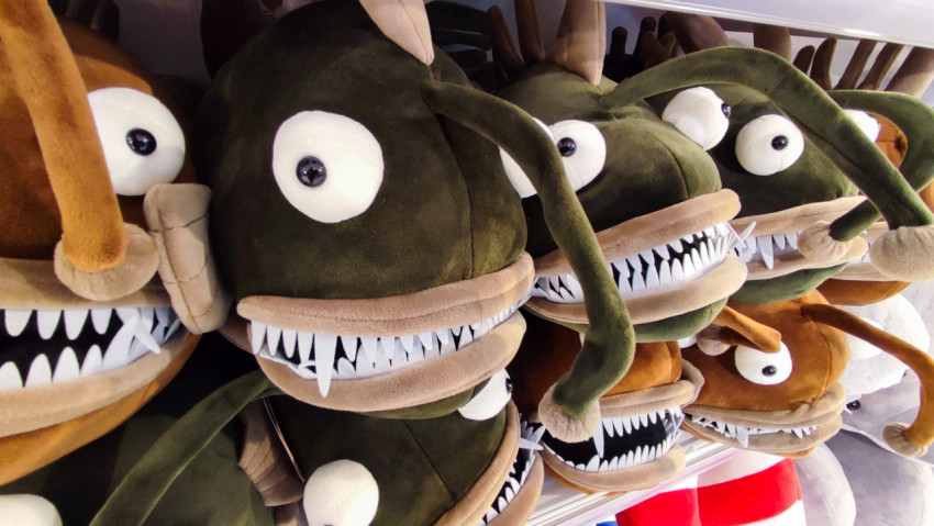 Мягкие игрушки-рыбы с зубами на витрине сувенирного магазина