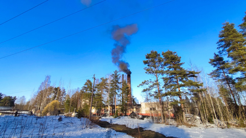 Промышленное здание с дымящей трубой в окружении заснеженных деревьев