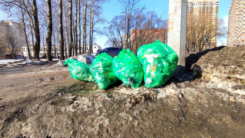 Пакеты бытового мусора на обочине у жилых домов