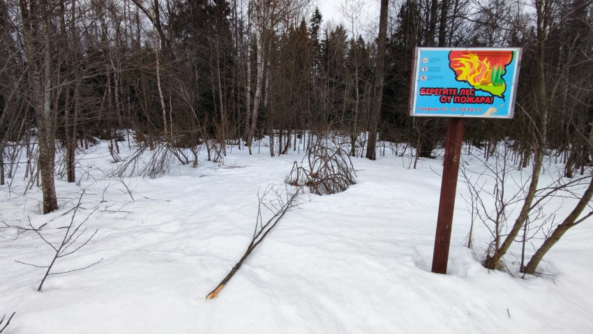 Предупреждающий знак о пожарной опасности в заснеженном лесу