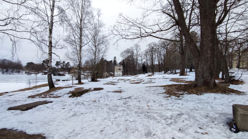Зимний парк с видом на старое здание у замерзшего озера