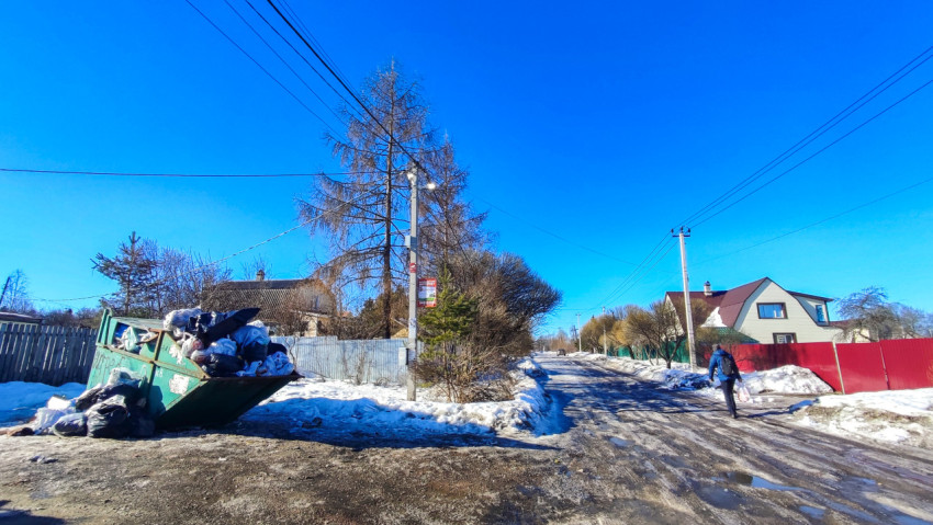 Сельская улица с мусорным контейнером и частными домами