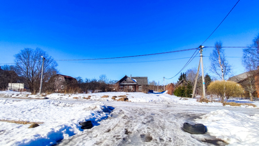 Загородная улица с частными домами и линией электропередачи