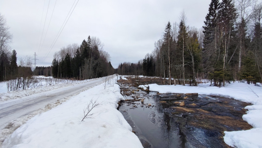 Весенняя дорога и болото под линией электропередачи