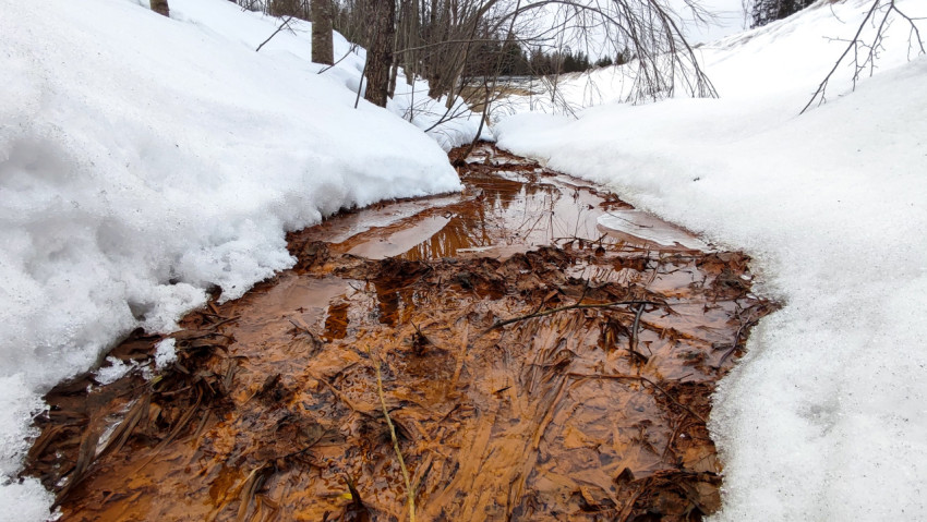 Талый ручей с ржавой водой среди снежных берегов