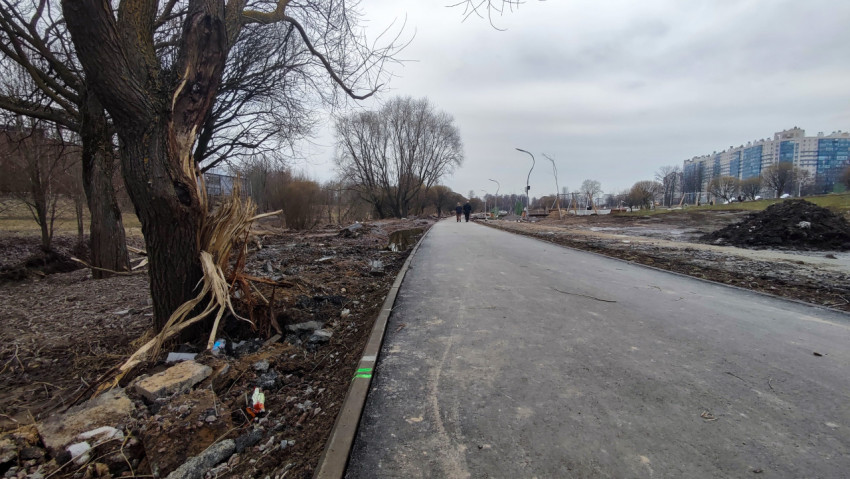 Аллея парка с повреждёнными деревьями и фонарями