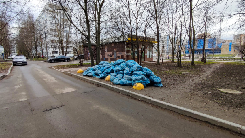 Куча мешков с листвой вдоль дороги в жилом массиве