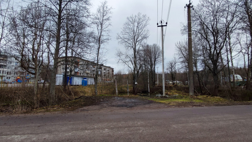 Жилая застройка и опоры электросетей у лесной канавы