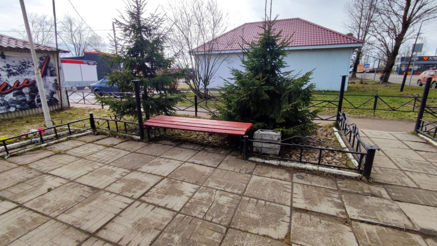 Лавочка и хвойные деревья в зоне мемориального сквера