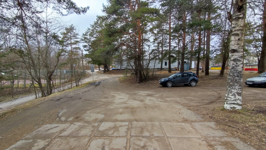 Грунтовая дорога и парковочная зона рядом с лесом и зданиями