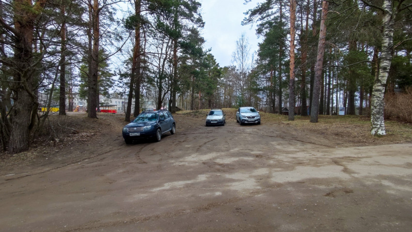 Стоянка автомобилей на грунтовой площадке среди сосен