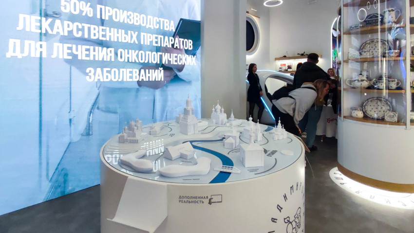 Макет Суздаля и витрина изделий на стенде Владимирской области