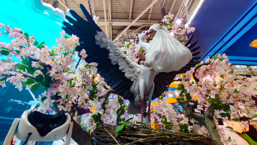 Инсталляция аиста среди декоративных деревьев на выставке «Россия»